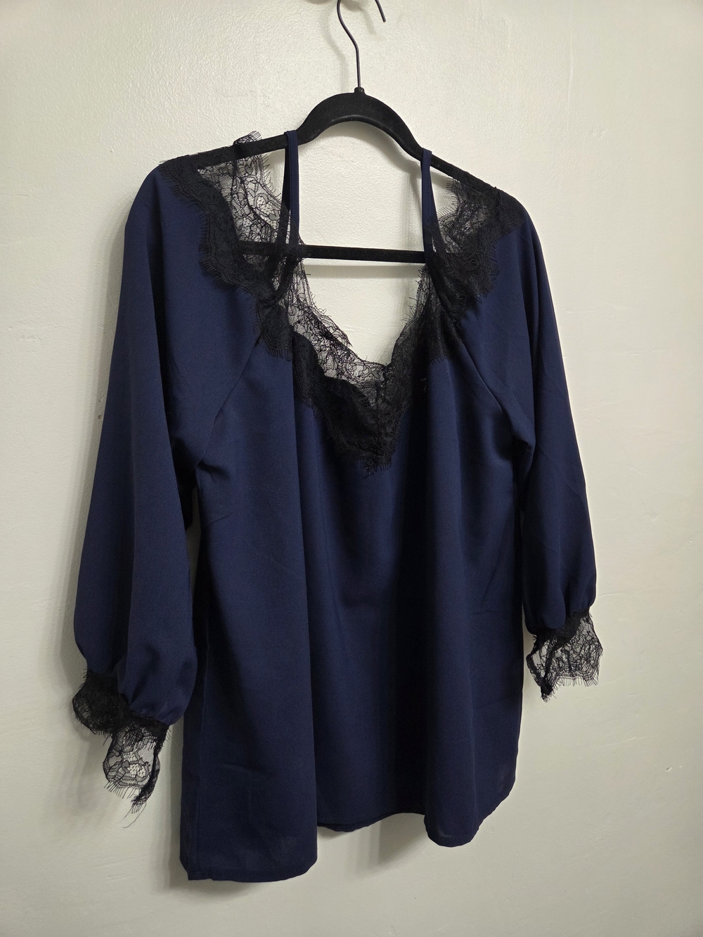 Lace-Trim V-Neck Women's Top - Navy